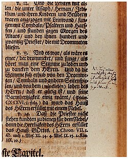 Image of page from a Bible with a handwritten inscription made by Bach in the margin