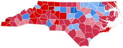 2024 U.S. presidential election results by county in North Carolina, shaded by relative margin of victory (MOV) Democratic Republican