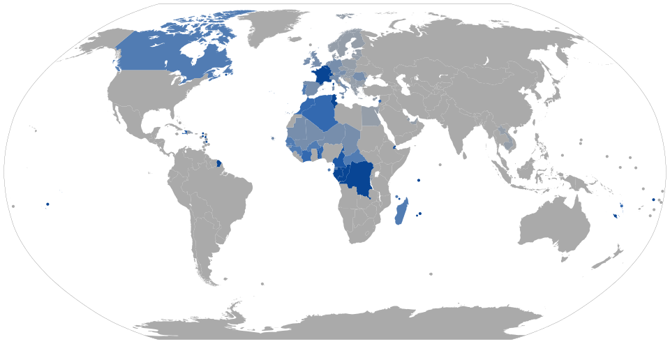 Proportion of French speakers (including L2-speakers) by country in 2022, saturating at 50%, according to the OIF[12] 0–9% Francophone 10–19% Francophone 20–29% Francophone 30–39% Francophone 40–49% Francophone 50%+ Francophone