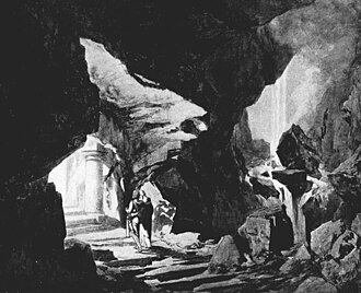 Scene design for the controversial 1903 production at the Metropolitan Opera: Gurnemanz leads Parsifal to Monsalvat (act 1)