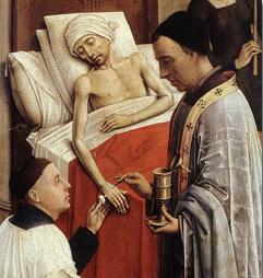 The Seven Sacraments Altarpiece triptych painting of Extreme Unction (anointing of the sick) with oil being administered by a priest during last rites. Rogier van der Weyden, 1445.