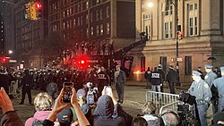 The NYPD preparing to break into Hamilton Hall line up aboard a Lenco BearCat.[7] New York City Mayor Eric Adams emphasized the role of outside agitators in the Columbia protests.[8]
