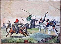 French soldiers in skirmish with Bashkirs and Cossacks