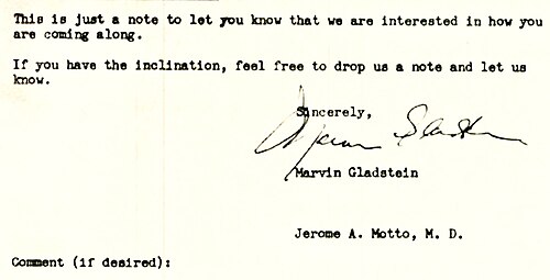 A caring letter sent by Jerome Motto to his patient