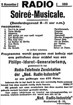 November 5, 1919 Nieuwe Rotterdamsche Courant advertisement, announcing PCGG's debut broadcast scheduled for the next evening, using narrow-band frequency modulation (FM).[22]