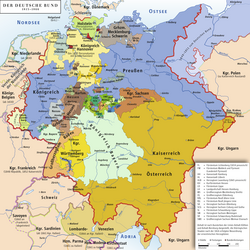 Sovereign states of the German Confederation with the boundaries of the confederation marked in red, 1815–1866