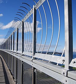 A suicide prevention fence on a bridge