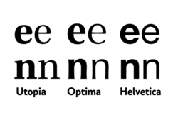 Bold and regular versions of three common fonts. Helvetica has a monoline design and all strokes increase in weight in bold. Less monoline fonts like Optima and Utopia increase the weight of the thicker strokes more. In all three designs, the curve on 'n' thins as it joins the left-hand vertical.