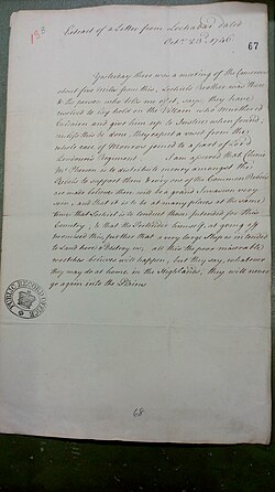 Letter to Lord Albemarle dated 23 October 1746 that reads Yesterday there was a meeting of the Camerons about five miles from this, Lochiel's brother was there & the person who tells me of it says, they have resolved to lay hold on the villain who murdered (George Munro of) Culcairn and give him up to the Justice when found, unless this be done they expect a visit from the whole race of Monros (Munros).[69]