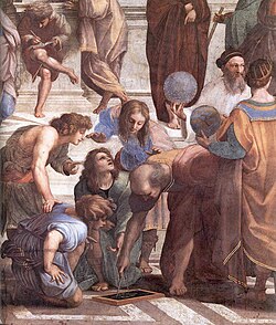 Detail from Raphael's The School of Athens featuring a Greek mathematician – perhaps representing Euclid or Archimedes – using a compass to draw a geometric construction.