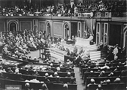 President Wilson announces the break in official relations with the German Empire, resulting from unrestricted submarine warfare, in an address to Congress on February 3, 1917