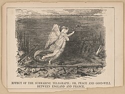 An illustration declaring that the submarine cable between England and France would bring those countries peace and goodwill