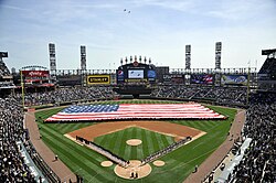 Large American flag at an MLB game