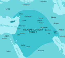 Approximate borders of the Neo-Babylonian Empire (dark turquoise) and neighboring states in the 6th century BC