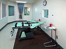 In countries where capital punishment is practiced, such as the United States, some prisons are equipped with a "death row", where prisoners are held prior to their executions, as well as an execution chamber, where they are put to death under controlled conditions. Pictured here is the lethal injection room at San Quentin Prison, c. 2010.