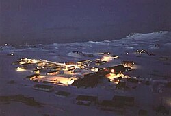 Night view of Villa Las Estrellas, the only civil settlement
