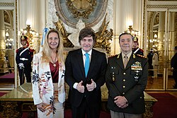 Karina and Javier Milei together with Defense Minister Carlos Presti, December 2025