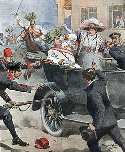 Princip fatally shooting the royal couple as illustrated by Achille Beltrame in La Domenica del Corriere