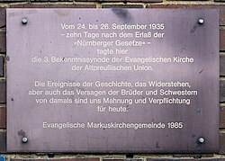 Plaque commemorating the third old-Prussian Synod of Confession and its failure to take decisions in favour of the Jews