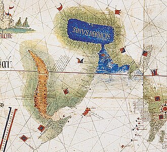 Map of the Arabian Peninsula showing the Red Sea with Socotra island (red) and the Persian Gulf (blue) with the Strait of Hormuz (Cantino planisphere, 1502)
