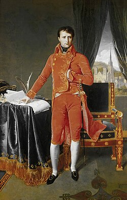 Bonaparte, First Consul, by Jean-Auguste-Dominique Ingres. Posing the hand inside the waistcoat was often used in portraits of rulers to indicate calm and stable leadership.