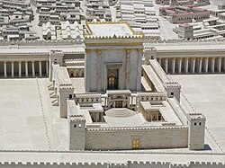 Model of the Second Temple in Jerusalem, after being rebuilt by Herod. It was destroyed by the Romans in 70 CE during the First Jewish-Roman War.[74]