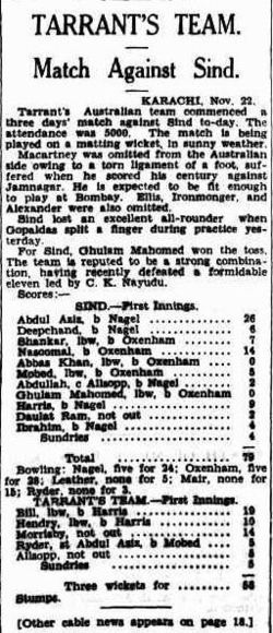 The match held between Sind & Australia in Karachi on 22 November 1935 was reported by The Sydney Morning Herald