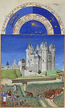 The Château de Saumur set against an agricultural scene, as depicted in the Très Riches Heures du Duc de Berry. Early 15th century.