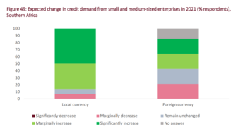 Results from the European Investment Bank's Banking in Africa survey, 2021. Expected change in credit demand from small and medium-sized enterprises in 2021 in Southern Africa.[17]