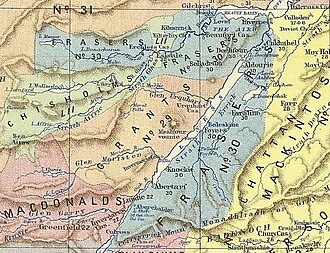 Fraser lands are shown in blue. This map is accurate to the acts of parliament 1587 & 1594. Click to enlarge.