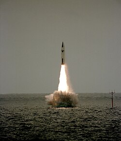 A Polaris missile is fired from the submerged British ballistic missile submarine HMS Revenge on 9 June 1983