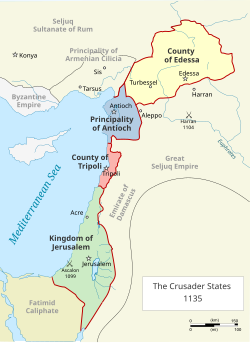 Map showing the four Crusader states and other realms in the Levant