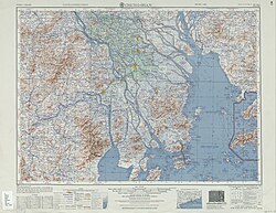A 1954 map of the Zhongshan region. Macau is located at the bottom-right of the region.