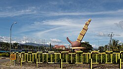 The roundabout in Tambunan with the sculpture of Sompoton, the main musical instrument of Sabah