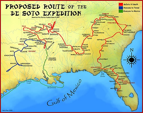 A map showing the de Soto route through the Southeast (1539–1542)