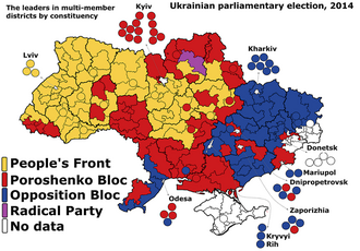 The results of the 2014 parliamentary election with People's Front in yellow, Opposition Bloc in blue and Petro Poroshenko Bloc in red