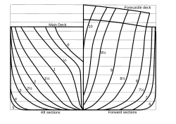 Body plan of a ship showing the hull form