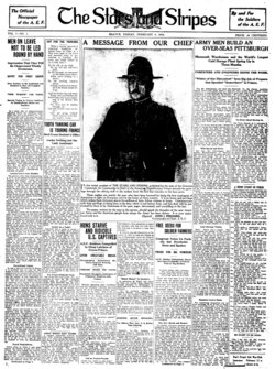 Pershing on the front page of the first issue of Stars and Stripes, 8 February 1918