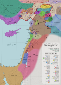 Shown in brown and red is the extent of both of Ridwan and Duqaq's territories respectively within the broader political context of the Levant, c.1097 AD
