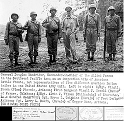 General Douglas MacArthur meeting with Native American troops in 1943, including SSgt. Alvin J. Vilcan of Charenton (third from the left), Louisiana, one of perhaps 70 then-surviving Chitimacha