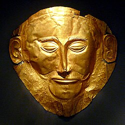 The gold Mask of Agamemnon produced during the Mycenaean civilisation, from Mycenae, Greece, 1550 BC