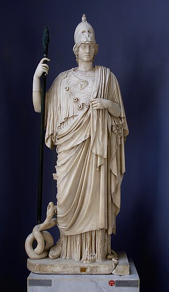 The Athena Giustiniani, a Roman copy of a Greek statue of Pallas Athena. The guardian serpent of the Athenian Acropolis sits coiled at her feet.[137]