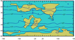 A computer-simulated model of surface conditions in Middle Cretaceous, 100 mya, displaying the approximate shoreline and calculated isotherms