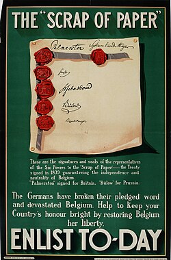 British enlistment poster capitalizing on Bethmann Hollweg's "faux pas" in calling the treaty ensuring Belgium's neutrality a "scrap of paper"
