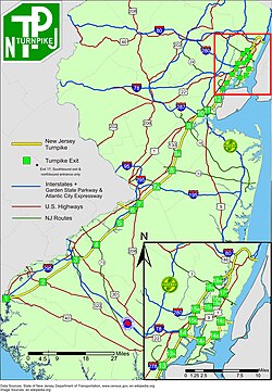 Map of the New Jersey Turnpike, including interchange locations and other highways in New Jersey