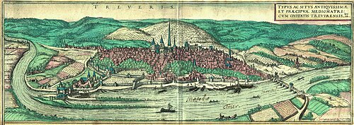 Historical view of Trier, Germany, published in Civitates Orbis Terrarum with Frans Hogenberg