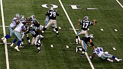 American football is the most popular sport in the United States; in this 2009 National Football League game, Carolina Panthers quarterback Jake Delhomme (number 17) throws a forward pass against the Dallas Cowboys.