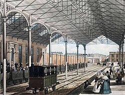An early print of Euston showing the wrought iron roof of 1837