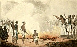 A Hindu widow burning herself with her husband's corpse, 1820s