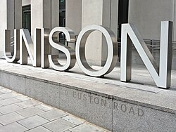 UNISON sign outside their headquarters on Euston Road, London